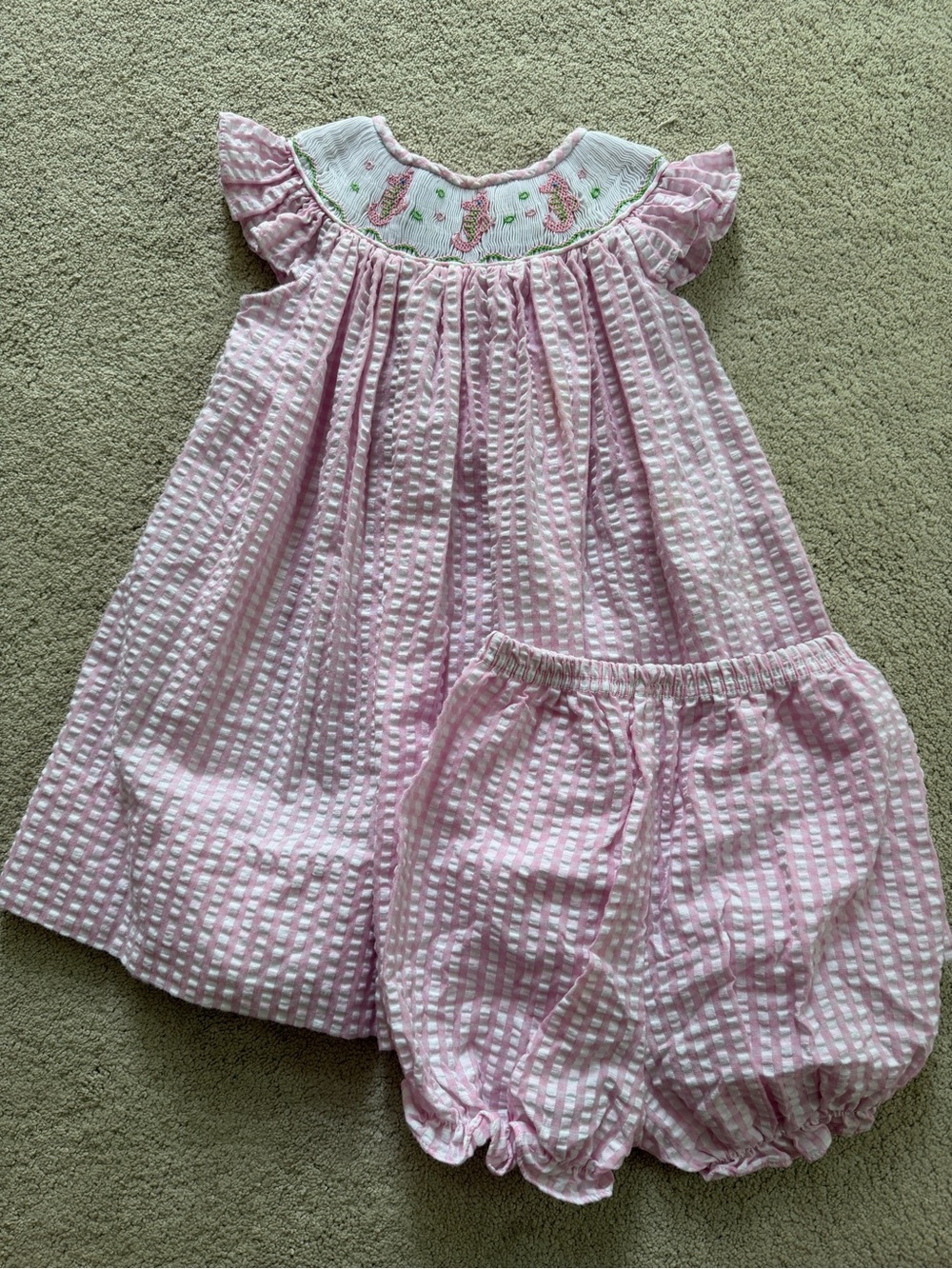 Girls Pink Seersucker Matching Set with Seahorse Embroidery